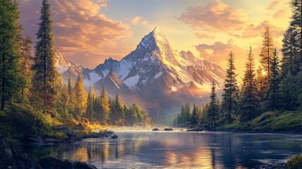 Poster - Majestic Mountain Peak at Sunset with Forest and River. 