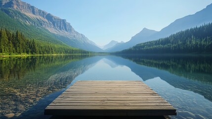 Canvas Print - A wooden podium is positioned at the edge of a pristine lake, with mountains reflected in the crystal-clear water. The early morning scene is calm and tranquil. 