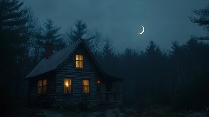 Poster - A cozy cabin with lights on in the window, shrouded in darkness and rain, illuminated by a sliver of moon in the night sky. 