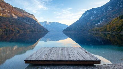 Poster - A wooden podium is positioned at the edge of a pristine lake, with mountains reflected in the crystal-clear water. The early morning scene is calm and tranquil.