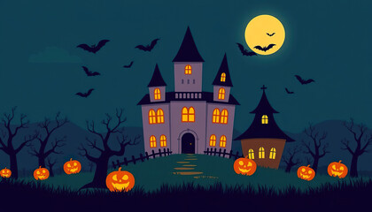 Wall Mural - A Halloween themed poster with bats flying in the sky and pumpkins on the ground