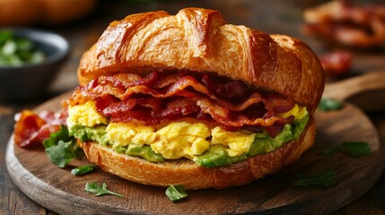 brunch sandwich made with croissants, mashed avocado, and crispy bacon.