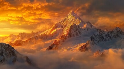 Poster - A stunning view of snow-capped mountains at sunset, with a golden sky and clouds reflecting on the white snow.