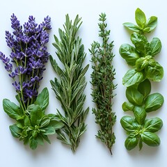 Wall Mural - Fresh herbs arranged on a white surface for culinary use.