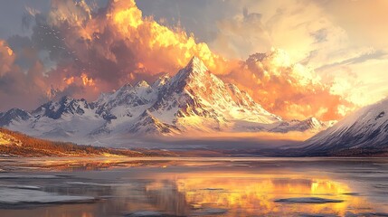 Poster - A stunning view of snow-capped mountains at sunset, with a golden sky and clouds reflecting on the white snow. 