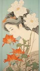 Wall Mural - Traditional japanese wood block print illustration of woman with daisy over ear flower painting drawing.