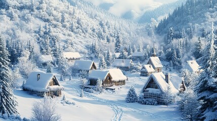 Poster - Snowy Mountain Village with Traditional Houses and Snow-Covered Trees 