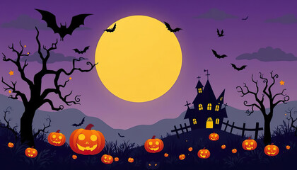 Wall Mural - A Halloween themed poster with bats flying in the sky and pumpkins on the ground