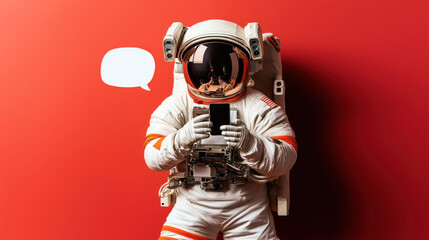 Wall Mural - astronaut in a spacesuit using a smartphone against a solid red background with an empty speech bubb