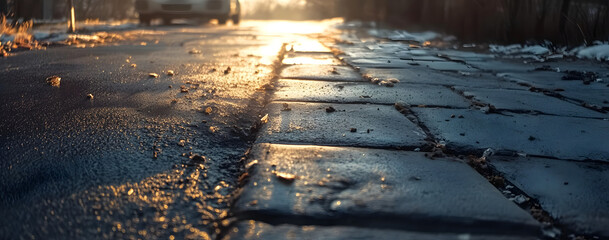 Wall Mural - the road in front of a car is empty with nothing out on it, dirt is lying on the street,