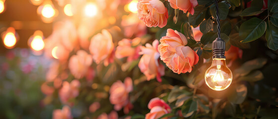 Wall Mural - Botanical background with pink blooming roses, glowing string garlands, lantern at the evening garden. Romantic ambience in backyard. Bokeh,lights, blurred backdrop. Generative ai	