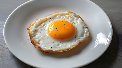 Wall Mural - Single fried egg on white plate, minimalist composition.