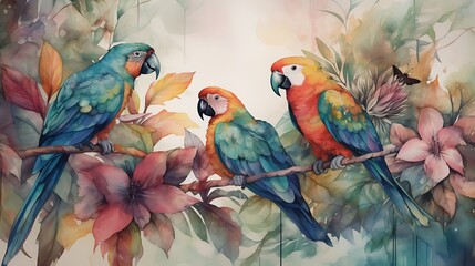 Wall Mural - Three colorful parrots perched among vibrant foliage.