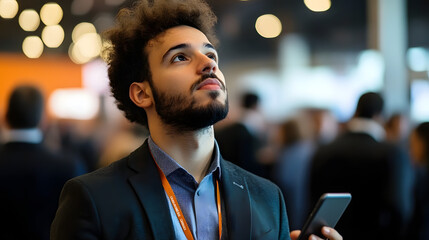 Businessman holding smartphone looking up at conference event