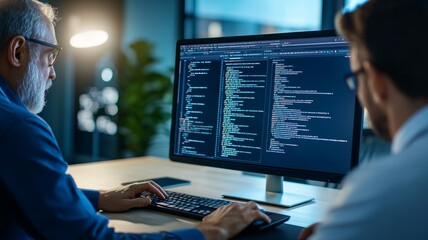 Two men are working on a computer monitor, one of them typing on a keyboard