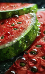 Wall Mural - Watermelon, water drops, realistic, vibrant colors, detailed, hyper-realistic.