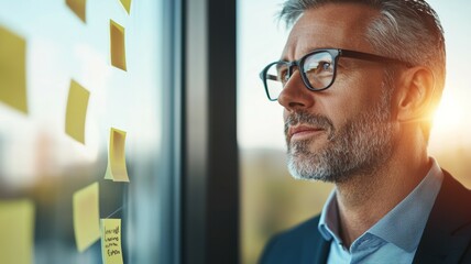 Canvas Print - A man in a suit is looking out a window at a wall covered in yellow sticky notes