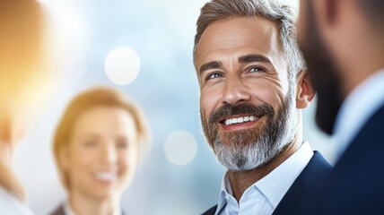 Wall Mural - A man with a beard and a smile is smiling at the camera