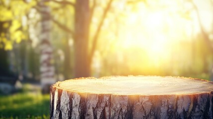 A tree stump sits in a grassy field with the sun shining on it