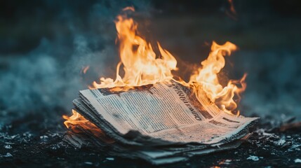 A dramatic side view of a newspaper burning, flames consuming the pages, symbolizing media destruction or the spread of dangerous information.