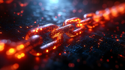 Wall Mural - 3D Illustration - Blockchain Security: Glowing Chain Links on Circuit Board