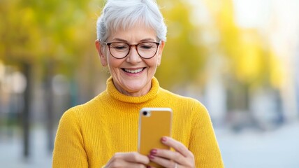 Wall Mural - A woman in a yellow sweater is smiling as she looks at her cell phone