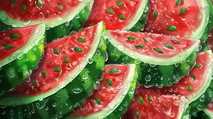 Wall Mural - Watermelon, water drops, realistic, vibrant colors, detailed, hyper-realistic.