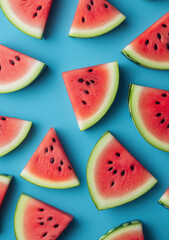 Wall Mural - Watermelon pattern on a blue background, laid flat, top view, geometric shapes, summer concept, minimal style.