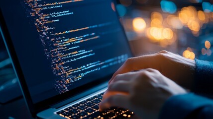 A person is typing on a laptop with a screen displaying a lot of code