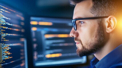 A man wearing glasses is looking at a computer screen with a lot of code on it