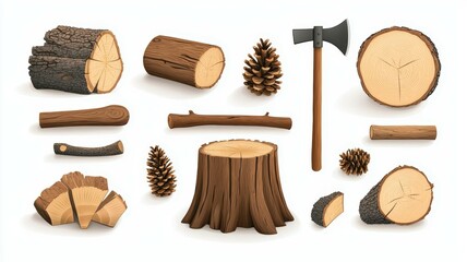 A collection of wood pieces and tools, including an axe and a log