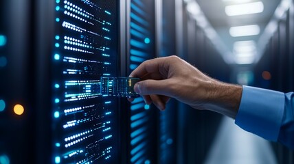 Poster - A man is reaching into a server room to insert a card