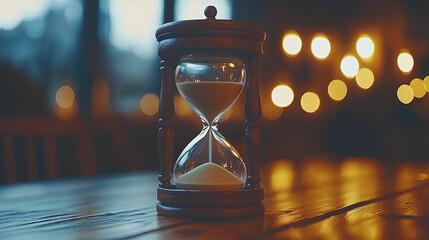 An Hourglass Sits on a Wooden Table Surrounded by Warm, Ambient Light in a Cozy Setting During the Evening