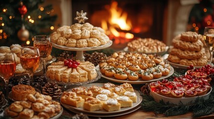 Christmas Dessert Feast by the Fireplace: A bountiful spread of festive treats awaits, promising a delightful holiday gathering. 