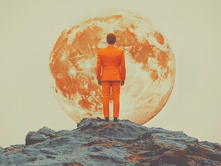 Business figure standing on the moon in a retro-inspired scene, featuring bright contrasting colors and minimal details. The fantasy vibe creates a dreamlike atmosphere, isolated on a white background