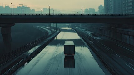 Wall Mural - A truck drives alone on an empty road, passing a bridge over a river that cuts through the center of a modern city