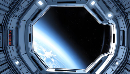 Wall Mural - Futuristic space station window 3D rendering isolated with white highlights, png