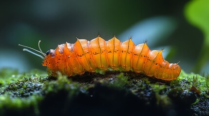 Wall Mural - Close-up of an orange caterpillar on a mossy surface in a rainforest.