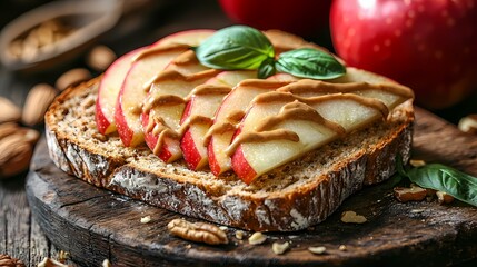 close-up of a healthy snack with apple slices and peanut butter on whole grain bread.