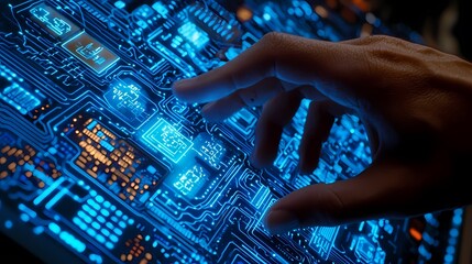 A close-up of a human hand interacting with a glowing circuit board.