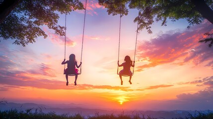 Two young girls enjoying swings against a vibrant sunset backdrop.