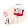 © setory - Dog cartoon donor donating blood to medical transfusion bag. Funny paw of doggy and container connect to donate lifeblood and save life. Veterinary mascot, blood donation cartoon vector illustration