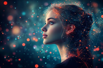 Wall Mural - Woman gazing upward in a digital landscape with intricate neural patterns and glowing lights expressing innovation deep thought and future oriented technological advancement