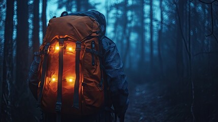 Sticker - An illuminated hiking backpack with bright LED lights stands out in the dark forest, casting light on the trail ahead,