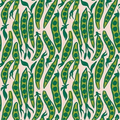 Hand drawn seamless pattern with green peas beans on beige background. healthy food kitchen, farm harvest, vegetables packaging, vegan vegetarian legume print, raw plant seed leaves in modern style.