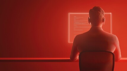 Person working on computer with code on screen, illuminated by red light, emphasizing the intensity of digital tasks.