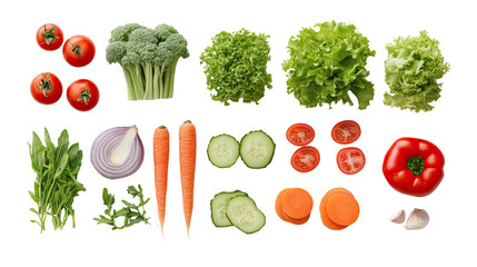 Fresh red tomatoes, green lettuce, and other vegetables arranged on a white background