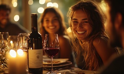 Wall Mural - A joyful group of friends enjoying a cozy dinner with wine, laughter, and warm candlelight at an intimate gathering.