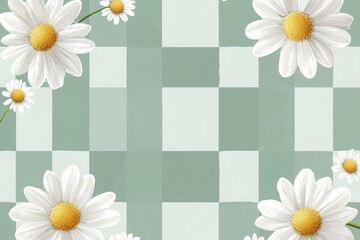 Wall Mural - Seamless pattern of green and white gingham with daisy flowers in the corners, symmetrical, flat vector design, simple, minimalistic, pastel colors.