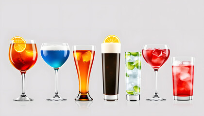 Wall Mural - different alcohol drinks set isolated with white highlights, png